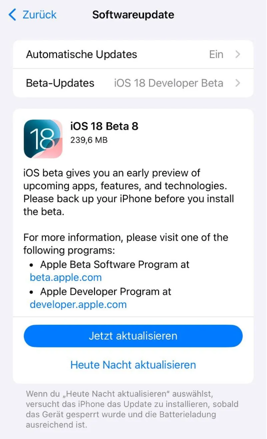 万州苹果手机维修分享苹果 iOS / iPadOS 18 开发者预览版 Beta 8 发布 